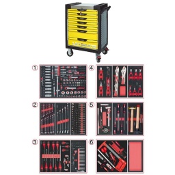 Servante d'atelier 7 tiroirs Ultimate
- Composition 452 outils
Tiroir 1 : Douille 1/4 - Douille 3/8 - Douille 1/2 - douille torx femelle et embouts 10mm torx, allen, xzn (finition mat)
Tiroir 2:  douilles torx femelle embout 10mm, clés mixtes
Tiroir 3: tournevis plat et cruciforme, embouts de vissages
Tiroir 4: pinces , etaux, circlips
Trioir 5: pied à coulisse, limes, martelleries
Tiroir 6 : monture de scie, tenaille, module de rangement
Servante d'atelier kstools. série ultimate. est le modèle de desserte d'atelier. le plus haut de gamme  de la marque. ks tools. 
les tiroirs de la servante d'atelier ultimate, possedent un système de glissière à roulements à billes (résistance 45kg). Equipé du système "one by one"., ouverture d'un seul tiroir a la fois, vous pouvez deplacer votre servante d'atelier sans forcement l'a fermer a clé !
Les tiroirs de cette servante ont une grande capacité. 40cm de profondeur par 57cm de largeur, tout les tiroirs de cette servante d'atelier sont fournis avec un tapis mousse, a installer au fond. 
Le plan de travail des servantes d'atelier Ultimate est recouvert d'un plateau inox et de boitier "range visserie" sur les cotés,
Au niveau du chassis, les pans de cette servante d'atelier sont perfores, se qui vous permet l'instalation de nombreuses options. tel que. un dérouleur de papier, des crochets de fixations...
Cette gamme  de servante d'atelier repond parfaitement au rangement pour le mécanicien, carrossier, mais aussi pour les métiers de l'industrie (rangement d'outils de tours / fraiseuse...) ainsi que des domaines tel que le medical. l'aéronotique...
- construction a pans coupés renforçant la structure du bati
- système "one by one" antibasculement 
- panneau lateral déporté et pré-percé pour fixation de crochet et accessoires
- 2 roues fixes grand diamètre pour une meilleure stabilite et un déplacement aise sur tous types de sols
- 2 roues pivotantes avec système de freinage total
- plan de travail avec rangements et recouvert inox
- tiroirs sur glissieres à billes extra-resistant (45 kg par tiroir)
- tiroirs à ouverture totale
- fermeture totale et simultanee des tiroirs par serrure 
- poignée tubulaire de manutention
- finition "Ultimate"
Composition : 
Module de douilles et accessoires 1/4'' - 3/8'' - 1/2"", 175 pièces ref : 711.1011 finition mat   
- 3 x Cliquets 72 dents bi-matière 1/4’’- 3/8’’- 1/2’’
- 1 x Poignée emmanchée traversante 1/4"
- 2 x Rallonges articulée 1/4’’ 50 - 100 mm
- 1 x Rallonge flexible 1/4" 150 mm 
- 1 x T de force 1/4" 110mm
- 1 x Rallonge articulée 3/8’’  150 mm
- 2 x Rallonges articulée 1/2’’ 125 - 250 mm
- 3 x Cardans 1/4’’ - 3/8’’- 1/2’’
- 2 x Réducteur 1/2" F 3/8" m
- 13 x Douilles 1/4" : 4 - 4,5 - 5 - 5,5 - 6 - 7 - 8 - 9 - 10 - 11 - 12 - 13 - 14mm
- 7 x Douilles longues 1/4" : 4 - 5 - 6 - 7 - 8 - 9 - 10 mm 
- 5 x Douilles TORX E 1/4" : E4 - E5 - E6 - E7 - E8
- 4 x Douilles embout fente  1/4" : E4 - E5 - E6 - E7 - E8 mm
- 3 x Douilles embout PHILIPPS 1/4" : PH1 - PH2 (x2)
- 3 x Douilles embout PROZIDRIV 1/4" : PZ1 - PZ2 (x2)
- 4 x Douilles embout 6 pans mâles 1/4" : 3 - 4 - 5 - 6 mm
- 8 x Douilles embout TORX 1/4" : T8 - T9 - T10 - T15 - T20 - T25 - T27 - T30
- 7 x Douilles embout TORX percé 1/4" : T8 - T10 - T15 - T20 - T25 - T27 - T30
- 10 x Douilles 3/8" : 10 - 11 - 12 - 13 - 14 - 15 mm
- 6 x Douilles longues 3/8" : 10 - 11 - 12 - 13 - 14 - 15 mm
- 6 x Douilles TORX 3/8" : E10 - E11 - E12 - E14 - E16 - E18 
- 1 x Douille 6 pans 3/8" : 18 mm
- 18 x  Douilles 1/2" : 10 - 11 - 12 - 13 - 14 - 15 - 16 - 17 - 18 - 19 - 20 - 21 - 22 - 24 - 27 - 30 - 32 - 34 mm 
- 5 x Douilles longues 1/2" : 16 - 17 - 18 - 19 - 22 mm
- 2 x Douilles TORX 1/2" : E20 - E24
- 1 x Douille porte embout : 1/4" x 1/4"
- 2 x Douilles porte embout : 3/8" x 5/16" et 1/2" x 5/16"
Module de clés mixtes ULTIMATE, 17 pièces ref : 713.2017 
- 17 x Clés mixtes : 6 - 7 - 8 - 9 - 10 - 11 - 12 - 13 - 14 - 15 - 16 - 17 - 18 - 19 - 20 - 21 - 22 mm
Module de clés mixtes ULTIMATE, 5 pièces ref : 713.2015
- 5 x Clés mixtes : 24 - 27 - 29 - 30 - 32 mm
Module d'embouts de vissage et douilles TORX, 88 pièces ref : 713.5010  
- 5 x Douilles TORX 1/4" : E4 - E5 - E6 - E7 - E8
- 4 x Douilles TORX 3/8" : E10 - E11 - E12 - E14
- 3 x Douilles TORX 1/2" : E16 - E18 - E20
- 1 x Douille porte-embouts 1/4" x 1/4"
- 2 x Douilles porte-embouts : 3/8" - 10 mm et 1/2" - 10 mm
- 1 x Rallonge : 30 mm
- 3 x Embouts de vissage Fente : 25 mm x (5,5 - 6,5 - 8,0 mm)
- 3 x Embouts de vissage PHILLIPS : 25 mm x (PH1 - PH2 - PH3)
- 6 x Embouts de vissage PROZIDRIV : 25 mm x (PZ1 - 2 x PZ2 - 3 x PZ3)
- 3 x Embouts de vissage 6 pans : 25 mm x (4 - 5 - 6 mm)
- 15 x Embouts de vissage TORX percé : 25 mm x (2 x T10 - 3 x T15 - 2 x T20 - 3 x T25 - 3 x T30 - 2 x T40)
- 2 x Embouts de vissage Fente : 30 mm x (8 - 10 mm)
- 2 x Embouts de vissage PHILLIPS : 30 mm x (PH2 - PH3)
- 7 x Embouts de vissage 6 pans : 30 mm x (4 - 5 - 6 - 7 - 8 - 10 - 12 mm)
- 9 x Embouts de vissage TORX percé : 30 mm x (T20 - T25 - T27 - T30 - T40 - T45 - T50 - T55 - T60)
- 5 x Embouts de vissage 12 pans : 30 mm (M5 - bM6 - M10 - M12)
- 5 x Embouts longs 6 pans : 75 mm x (5 - 6 - 7 - 8 - 10 mm)
- 8 x Embouts longs TORX percé : 75 mm x (T20 - T25 - T27 - T30 - T40 - T50 - T55 - T60)
- 4 x Embouts longs 12 pans : 75 mm x (M6 - M8 - M10 - M12)
Module de vissage, 28 pièces ref : 712.5028  
- 1 x Tournevis ULTIMATE tom pouce Fente : 6,5 mm
- 3 x Tournevis ULTIMATE Fente : 3,5 - 5,5 - 8 mm
- 1 x Tournevis ULTIMATE tom pouce PHILLIPS : PH2
- 3 x Tournevis ULTIMATE PHILLIPS : PH1 - PH2 - PH3
- 1 x Tournevis ULTIMATE tom pouce PROZIDRIV : PZ2
- 3 x Tournevis ULTIMATE PROZIDRIV : PZ1 - PZ2 - PZ3
- 1 x Jeu de clés mâles 6 pans à tête sphérique longues : 2 - 2,5 - 3 - 4 - 5 - 6 - 8 - 10 mm
- 1 x Jeu de clés mâles TORX longues : T10 - T15 - T20 - T25 - T30 - T40 - T45 - T50
Module de vissage, 100 pièces ref : 713.5011   
- 1 x Cliquet réversible 1/4" 
- 1 x Embout de vissage : 50 mm
- 1 x Embout de vissage : 100 mm
- 1 x Rallonge flexible porte-embout : 190 mm
- 1 x Douille porte-embouts : 1/4" x 1/4"
- 1 x Rallonge : 1/4"
- 9 x Embouts de vissage Fente : 25 mm x (3 - 4 - 4,5 - 5 - 5,5 - 6 - 6,5 - 7 - 8 mm) 
- 4 x Embouts de vissage PHILLIPS : 25 mm x (PH0 - PH1 - PH2 - PH3)
- 4 x Embouts de vissage PROZIDRIV : 25 mm x (PZ0 - PZ1 - PZ2 - PZ3)
- 9 x Embouts de vissage 6 pans : 25 mm x (1,5 - 2 - 2,5 - 3 - 4 - 5 - 5,5 - 6 - 8 mm)
- 3 x Embouts de vissage 6 pans : 75 mm x (4 - 5 - 6 mm)
- 9 x Embouts de vissage TORX : 25 mm x (T8 - T10 - T15 - T20 - T25 - T27 - T30 - T40 - T45)
- 9 x Embouts de vissage TORX percé : 25 mm x (T8 - T10 - T15 - T20 - T25 - T27 - T30 - T35 - T40)
- 3 x Embouts de vissage TORX percé : 75 mm x (T15 - T20 - T30)
- 3 x Embouts de vissage 12 pans : 25 mm x (M5 - M6 - M8)
- 4 x Embouts de vissage TRIWING : 25 mm x (#1 - #2 - #3 - #4)
- 4 x Embouts de vissage TRIWING : 75 mm x (#1 - #2 - #3 - #4)
- 3 x Embouts de vissage Torque SET : 25 mm x (6 - 8 - 10 mm)
- 3 x Embouts de vissage Torque SET : 75 mm x (6 - 8 - 10 mm)
- 3 x Embouts de vissage PAPILLON : 25 mm x (#1 - #2 - #3)
- 4 x Embouts de vissage SPANNER : 25 mm x (4 - 6 - 8 - 10 mm)
- 4 x Embouts de vissage SPANNER : 75 mm x (4 - 6 - 8 - 10 mm)
- 4 x Embouts de vissage Carré 4 pans : 25 mm x (#0 - #1 - #2 - #3)
- 12 x Embouts de vissage 6 pans percé : 25 mm x (2 - 2,5 - 3 - 4 - 5 - 6 mm - 5/32" - 9/64" - 1/8" - 7/64" - 3/32" - 5/64")
Module de pinces, 4 pièces ref : 713.4014  
- 1 x Pince coupante diagonale : L. 160 mm
- 1 x Pince universelle : L. 180 mm
- 1 x Pince à bec demi-rond : L. 200 mm
- 1 x Pince multiprises à verrouillage : L. 250 mm
Module de pinces étaux GRIPfix Xtreme, 3 pièces ref : 713.1003  
- 2 x Pinces étaux GRIPfix Xtreme : 175 - 250 mm
- 1 x Pince  étau auto-ajustable à bec long : 150 mm
Module de 6 pinces à Circlips ref : 713.5006  
- 2 x Pinces à joncs extérieur : 10 - 25 mm, 19 - 60 mm
- 1 x Pince extérieur coudée : 16 - 60 mm
- 2 x Pinces intérieur droites : 12 - 25 mm, 19 - 60 mm
- 1 x Pince intérieur coudée : 19 - 60 mm
Module d'outils de mesure, 7 pièces ref : 713.8007  
- 1 x Calibre à coulisse digital : 0 - 150 mm
- 1 x Réglet flexible : 300 - 13 mm
- 1 x Mètre à ruban : 5 m x 19 mm
- 1 x Pointe à tracer en carbure à corps 6 pans : 145 mm
- 1 x Jauge de filetage : 0,40 - 6 mm - ISO
- 1 x Jauge d'épaisseur : 0,05 - 1 mm
- 1 x Aimant magnétique : 130 - 630 mm
Module de limes demi-douces, 4 pièces ref : 713.3004  
- 1 x Râpe plate emmanchée : 200 mm
- 1 x Râpe demi-onde emmanchée : 200mm
- 1 x Râpe ronde emmanchée : 200 mm
- 1 x Râpe triangulaire emmanchée : 200 mm
Module d'outils de frappe manche bois, 9 pièces ref : 713.1101    
- 1 x Burin de carossier extra-plat : 250 mm
- 6 x Chasse goupilles brunis : 3 - 4 - 5 - 6 - 10 mm
- 1 x Marteau rivoir : 600g
- 1 x Maillet à embouts plastique interchangeables : 340g
Module d'outils de coupe, 8 pièces ref : 712.9009  
- 1 x Monture de scie métallique : 300 mm
- 1 x Tenailles russes gainées : 190 mm
- 1 x Cutter universel à lame sécable
- 1 x Lames de rechange : 10 x 18 mm
- 1 x Ciseaux d'électricien
- 1 x Grattoir à lame rétractable
- 1 x Grattoir emmanché désaxé
- 1 x Grattoir à lame inox 
Module vide 1/3 - 1 compartiment ref : 713.1300 
- poids 57kg
- dimension hors tout : l678xl459xh859 (hauteur avec roues 1035mm 
- roue dia 125mm larg 50mm 