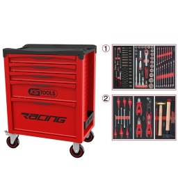 Servante d'atelier avec plan de travail recouvert d'un tapis en mousse
Cette nouvelle servante d'atelier de chez ks tools, modèle racing, est une évolution de l'ancien modèle dakar édition.
En effet pour cette servante d'atelier, ks tools a utilisé ces 20 ans expérience sur l'ancien modèle, la racing est le fruit des milliers de retour d'information client, garage, carrosserie, industrie et particulier. 
Cette servante d'atelier ks tools est plus pratique gràce à ces nouveaux panneaux perforés pour accessoires, plus résistante nouveau chassis.Roue diamètre 125mm
La servante d’atelier KStools. série Racing respecte les normes de robustesse et de solidite deja reconnues sur les autres lignes de servantes d’atelier de la marque KS Tools. 
Les tiroirs de la servante d’atelier Racing possedent un systeme de roulements à billes (résistance 30kg), un système de fermeture par serrure et s’ouvre totalement pour plus de facilite dans vos rangements.
Les tiroirs de cette servante atelier ont une grande capacité. 40cm de profondeur par 57cm de largeur, tout les tiroirs de cette servante d'atelier sont fournis avec un tapis mousse a installer au fond. 
Sur son plan de travail on trouve un tapis en mousse imputrescible. sa poignée de côté et ses 4 roues robustes dont 2 directionnelles avec frein. La servante d'atelier Racing reste une reference en therme d’ergonomie, fini le désordre dans le garage, rangez vos outils, ou bien d'autre chose de manière ordonnée.
Plan de travail avec tapis en mousse
Dimensions utiles des tiroirs servante 5 tiroirs résistance 30kg :
3 x H 55 X L 565 X P 405mm 
1x H 130 X L565 X P 405MM
1x H 280X L 565 X P 405MM
Poids: 45kg
Poids maximum admissible en statique: 500kg
ref: 855.0005
Module 54 pièces douilles et accessoires 1/4’’ ref : 713.1020 
- Cliquet réversible 72 dents
- 1x Poignée emmanchée 1/4’’
- 2x Rallonges 1/4’’ : L. 50 mm et L. 100 mm
- 1x Rallonge flexible : L. 150 mm
- 1x Poignée coulissante T : L. 115 mm
- 1x Cardan universel 1/4"
- 13x Douilles 1/4’’ : 4 - 4.5 - 5 - 5.5 - 6 - 7 - 8 - 9 - 10 - 11 - 12 - 13 - 14 mm
- 8x Douille longue 1/4" : 6 - 7 - 8 - 9 - 10 - 11 - 12 - 13
- 1x Porte embout 1/4" 
- 3x Embouts de vissage Fente 4 - 5.5 - 8 mm 
- 3x Embouts de vissage PHILLIPS® PH 1 - PH 2 - PH3 
- 2x Embouts de vissage POZIDRIV® PZ 1 - PZ 2 
- 6x Embouts de vissage 6 pans : 3 - 4 - 5 - 6 - 7 - 8 mm
- 7x Embouts de vissage TORX® profil E T10 - T15 - T20 - T25 - T27 - T30 - T40
​- 4x Embouts de vissage 12 pans : M4 - M5 - M6 - M8
Module de douilles et accessoires ULTIMATE 1/2'' . 24 pièces ref : 713.1024 
- 1 x Cliquet réversible 72 dents
- 2 x Rallonges : 125 - 250 mm
- 1 x Cadran universel 1/2"
- 1 x Bague coulissante 3/8" x 1/2"
- 17 x Douilles : 10 - 11 - 12 - 13 - 14 - 15 - 16 - 17 - 18 - 19 - 20 - 21 - 22 - 24 - 27 - 30 - 32 mm
- 2 x Douilles longues : 16 - 21 mm
Module de clés mixtes ULTIMATE. 17 pièces ref : 713.2017 
- 17 x Clés mixtes : 6 - 7 - 8 - 9 - 10 - 11 - 12 - 13 - 14 - 15 - 16 - 17 - 18 - 19 - 20 - 21 - 22 mm
Module de tournevis ULTIMATE Fente - POZIDRIV. 6 pièces ref : 713.5016 
- 4 x Tournevis ULTIMATE Fente : 4 - 5.5 - 6.5 - 8 mm
- 2 x Tournevis ULTIMATE PROZIDRIV : PZ1 - PZ2
Module de pinces. 4 pièces ref : 713.4014 
- 1 x Pince coupante diagonale : L. 160 mm
- 1 x Pince universelle : L. 180 mm
- 1 x Pince à bec demi-rond : L. 200 mm
- 1 x Pince multiprises à verrouillage : L. 250 mm
Module d'outils de frappe manche bois. 9 pièces ref : 713.1101 
- 1 x Burin de carossier extra-plat : 250 mm
- 6 x Chasse goupilles brunis : 3 - 4 - 5 - 6 - 10 mm
- 1 x Marteau rivoir : 600g
- 1 x Maillet à embouts plastique interchangeables : 340g