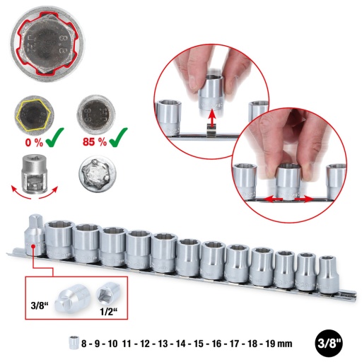 Jeu de douilles 3/8'' RESCUEpower 13 pcs 8-19 mm