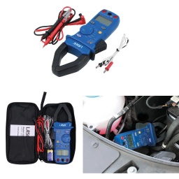 Cette pince ampèremétrique CAT III à télémétrie automatique permet de mesurer les tensions, l'intensité, la résistance, la capacité, la fréquence et les températures et de tester les diodes et la continuité sur les systèmes et équipements électriques à courant alternatif et à courant continu. 
La conception de la pince ampèremétrique permet de mesurer en toute sécurité des courants élevés (jusqu'à 400 A) sans avoir à débrancher le circuit, ce qui en fait l'outil idéal pour vérifier l'ampérage d'un moteur de démarreur et la sortie d'un alternateur en charge. 
Elle est dotée d'un écran LCD facile à lire, d'une pince de grande taille de 42 mm de diamètre d'ouverture, et fournie avec des fils de test, une sonde de température et un étui de protection. 
Pour les mesures d'intensité sans contact inférieures (4 à 80 A), voir la référence Laser 6551.
Caractéristiques : Télémétrie automatique, fonction de rétention des données, test de diode, continuité, mesure relative, indicateur de pile faible.
Dimensions : 44 x 89 x 248 mm. Plage d'ouverture de la pince : 42 mm.
Tension CC : 400 mV, 4 V, 40 V, 400 V (précision ; ±0,7 % + 1), 1 000 V (±1 % + 10). 
Tension CA : 400 mV, 4 V, 40 V, 400 V (±0,8 % + 5), 1 000 V (±1 % + 10). 
Intensité CC : 400 A, 1 000 A (±3 % + 3). 
Intensité CA : 400 A, 1 000 A (±3 % + 3).
Résistance : 400 Ω, 4 kΩ, 40 kΩ, 400 kΩ, 4 MΩ (précision ; ±1,2 % + 1), 40 MΩ (±2 % + 3). 
Fréquence : 40, 400, 4k, 40k, 100 kHz (±2 % + 1). 
Capacité : 4 nF, 40 nF, 400 nF, 4 μF, 40 μF (±4 % + 10). 
Température : -40 0 °C (précision ; ±1,0 % + 6), 0 400 °C (±1,0 % + 3), 400 750 °C (±1,0 % + 5).
Fournie avec fils de test, sondes de test et de température, étui de transport et pile 9 V. Conformité CE, UKCA et RoHS. CAT III.
