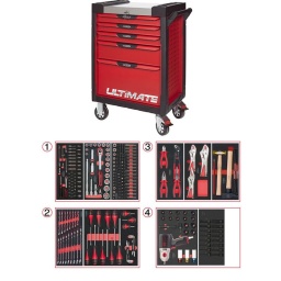 Servante d'atelier 7 tiroirs Ultimate
- Composition 263 outils
Tiroir 1 : Douille 1/4 - douille 1/2 - douille torx femelle et embouts 10mm torx, allen, xzn
Tiroir 2: clés mixtes, tournevis plat, cruciforme
Tiroir 3:pinces, pinces circlips, martellerie
Tiroir 4: clé choc 515.1210 avec douilles chocs, 6 pans mâle, femelle et torx
Servante d'atelier kstools. série ultimate. est le modèle de desserte d'atelier. le plus haut de gamme  de la marque. ks tools. 
les tiroirs de la servante d'atelier ultimate, possedent un système de glissière à roulements à billes (résistance 45kg). Equipé du système "one by one"., ouverture d'un seul tiroir a la fois, vous pouvez deplacer votre servante d'atelier sans forcement l'a fermer a clé !
Les tiroirs de cette servante ont une grande capacité. 40cm de profondeur par 57cm de largeur, tout les tiroirs de cette servante d'atelier sont fournis avec un tapis mousse, a installer au fond. 
Le plan de travail des servantes d'atelier Ultimate est recouvert d'un plateau inox et de boitier "range visserie" sur les cotés,
Au niveau du chassis, les pans de cette servante d'atelier sont perfores, se qui vous permet l'instalation de nombreuses options. tel que. un dérouleur de papier, des crochets de fixations...
Cette gamme  de servante d'atelier repond parfaitement au rangement pour le mécanicien, carrossier, mais aussi pour les métiers de l'industrie (rangement d'outils de tours / fraiseuse...) ainsi que des domaines tel que le medical. l'aéronotique...
- construction a pans coupés renforçant la structure du bati
- système "one by one" antibasculement 
- panneau lateral déporté et pré-percé pour fixation de crochet et accessoires
- 2 roues fixes grand diamètre pour une meilleure stabilite et un déplacement aise sur tous types de sols
- 2 roues pivotantes avec système de freinage total
- plan de travail avec rangements et recouvert inox
- tiroirs sur glissieres à billes extra-resistant (45 kg par tiroir)
- tiroirs à ouverture totale
- fermeture totale et simultanee des tiroirs par serrure 
- poignée tubulaire de manutention
- finition "Ultimate"
Composition :
Module 54 pièces douilles et accessoires 1/4’’ ref : 713.1020  
- Cliquet réversible 72 dents
- 1x Poignée emmanchée 1/4’’
- 2x Rallonges 1/4’’ : L. 50 mm et L. 100 mm
- 1x Rallonge flexible : L. 150 mm
- 1x Poignée coulissante T : L. 115 mm
- 1x Cardan universel 1/4"
- 13x Douilles 1/4’’ : 4 - 4,5 - 5 - 5,5 - 6 - 7 - 8 - 9 - 10 - 11 - 12 - 13 - 14 mm
- 8x Douille longue 1/4" : 6 - 7 - 8 - 9 - 10 - 11 - 12 - 13
- 1x Porte embout 1/4" 
- 3x Embouts de vissage Fente 4 - 5,5 - 8 mm 
- 3x Embouts de vissage PHILLIPS® PH 1 - PH 2 - PH3 
- 2x Embouts de vissage POZIDRIV® PZ 1 - PZ 2 
- 6x Embouts de vissage 6 pans : 3 - 4 - 5 - 6 - 7 - 8  mm
- 7x Embouts de vissage TORX® profil E T10 - T15 - T20 - T25 - T27 - T30 - T40
​- 4x Embouts de vissage 12 pans : M4 - M5 - M6 - M8
Module de douilles et accessoires ULTIMATE 1/2'' , 24 pièces ref : 713.1024 
- 1 x Cliquet réversible 72 dents
- 2 x Rallonges : 125 - 250 mm
- 1 x Cadran universel 1/2"
- 1 x Bague coulissante 3/8" x 1/2"
- 17 x Douilles : 10 - 11 - 12 - 13 - 14 - 15 - 16 - 17 - 18 - 19 - 20 - 21 - 22 - 24 - 27 - 30 - 32 mm
- 2 x Douilles longues : 16 - 21 mm
Module d'embouts de vissage et douilles TORX, 88 pièces ref : 713.5010 
- 5 x Douilles TORX 1/4" : E4 - E5 - E6 - E7 - E8
- 4 x Douilles TORX 3/8" : E10 - E11 - E12 - E14
- 3 x Douilles TORX 1/2" : E16 - E18 - E20
- 1 x Douille porte-embouts 1/4" x 1/4"
- 2 x Douilles porte-embouts : 3/8" - 10 mm et 1/2" - 10 mm
- 1 x Rallonge : 30 mm
- 3 x Embouts de vissage Fente : 25 mm x (5,5 - 6,5 - 8,0 mm)
- 3 x Embouts de vissage PHILLIPS : 25 mm x (PH1 - PH2 - PH3)
- 6 x Embouts de vissage PROZIDRIV : 25 mm x (PZ1 - 2 x PZ2 - 3 x PZ3)
- 3 x Embouts de vissage 6 pans : 25 mm x (4 - 5 - 6 mm)
- 15 x Embouts de vissage TORX percé : 25 mm x (2 x T10 - 3 x T15 - 2 x T20 - 3 x T25 - 3 x T30 - 2 x T40)
- 2 x Embouts de vissage Fente : 30 mm x (8 - 10 mm)
- 2 x Embouts de vissage PHILLIPS : 30 mm x (PH2 - PH3)
- 7 x Embouts de vissage 6 pans : 30 mm x (4 - 5 - 6 - 7 - 8 - 10 - 12 mm)
- 9 x Embouts de vissage TORX percé : 30 mm x (T20 - T25 - T27 - T30 - T40 - T45 - T50 - T55 - T60)
- 5 x Embouts de vissage 12 pans : 30 mm (M5 - bM6 - M10 - M12)
- 5 x Embouts longs 6 pans : 75 mm x (5 - 6 - 7 - 8 - 10 mm)
- 8 x Embouts longs TORX percé : 75 mm x (T20 - T25 - T27 - T30 - T40 - T50 - T55 - T60)
- 4 x Embouts longs 12 pans : 75 mm x (M6 - M8 - M10 - M12)
Module de clés mixtes ULTIMATE, 17 pièces ref : 713.2017  
- 17 x Clés mixtes : 6 - 7 - 8 - 9 - 10 - 11 - 12 - 13 - 14 - 15 - 16 - 17 - 18 - 19 - 20 - 21 - 22 mm
Module de vissage, 28 pièces ref : 712.5028  
- 1 x Tournevis ULTIMATE tom pouce Fente : 6,5 mm
- 3 x Tournevis ULTIMATE Fente : 3,5 - 5,5 - 8 mm
- 1 x Tournevis ULTIMATE tom pouce PHILLIPS : PH2
- 3 x Tournevis ULTIMATE PHILLIPS : PH1 - PH2 - PH3
- 1 x Tournevis ULTIMATE tom pouce PROZIDRIV : PZ2
- 3 x Tournevis ULTIMATE PROZIDRIV : PZ1 - PZ2 - PZ3
- 1 x Jeu de clés mâles 6 pans à tête sphérique longues : 2 - 2,5 - 3 - 4 - 5 - 6 - 8 - 10 mm
- 1 x Jeu de clés mâles TORX longues : T10 - T15 - T20 - T25 - T30 - T40 - T45 - T50 
Module de pinces, 4 pièces ref : 713.4014 
- 1 x Pince coupante diagonale : L. 160 mm
- 1 x Pince universelle : L. 180 mm
- 1 x Pince à bec demi-rond : L. 200 mm
- 1 x Pince multiprises à verrouillage : L. 250 mm
Module de pinces étaux GRIPfix Xtreme, 3 pièces ref : 713.1003 
- 2 x Pinces étaux GRIPfix Xtreme : 175 - 250 mm
- 1 x Pince  étau auto-ajustable à bec long : 150 mm
Module d'outils de frappe manche bois, 9 pièces ref : 713.1101 
- 1 x Burin de carossier extra-plat : 250 mm
- 6 x Chasse goupilles brunis : 3 - 4 - 5 - 6 - 10 mm
- 1 x Marteau rivoir : 600g
- 1 x Maillet à embouts plastique interchangeables : 340g
Module de douilles et clé à chocs pneumatique 1/2'', 20 pièces ref : 712.1020 
- 1x Clé à chocs pneumatique 1/2’’ 1690Nm
- 14x douilles à choc : 12 - 13 - 14 - 15 - 16 - 17 - 18 - 19 - 21 - 22 - 24 - 27 - 30 - 32 mm
- 3x douilles à choc pour jante alu : 17 - 19 - 21 mm
- 1x rallonge à choc 1/2"
- 1x cardan à choc 125mm 
Module de douilles à chocs 1/2'', 16 pièces ref : 713.1016 
- 8 x Douilles tournevis à choc TORX® 1/2’’: T30 - T40 - T45 - T50 - T55 - T60 - T70 - T80
- 8 x Douilles tournevis à choc 6 pans 1/2’’: 5 - 6 - 8 - 10 - 12 - 14 - 17 - 19 mm
- poids 57kg
- dimension hors tout : l678xl459xh859 (hauteur avec roues 1035mm 
- roue dia 125mm larg 50mm 
