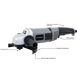Meuleuse D'angle Diametre 230mm 2400w
Descriptif : 
Démarrage progressif. 
230V - 50Hz. 
Interrupteur marche arrêt "homme mort". 
Blocage de l'arbre. 
Câble 2m.
Livrée avec :
- 1 poignée latérale 3 positions 
- 1 clé Ergot 
- sans disque