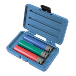 Jeu de 3 douilles pour jante alu extra longue 150mm longueur 150mm - entraînement en 1/2"
taille 17mm . 19mm et 21mm avec une bague de protection en nylon -
paroi fine pour davantage d'acces
la longueur additionnelle permet de serrer au couple directement apres le serrage sans avoir besoin de rajouter une extension - gain de temps
fabrique en chrome molybdene
Consommable - remplacement disponible en 130mm de long sous les ref
6808 (17mm  - 6809 (19mm - 6810 (21mm 