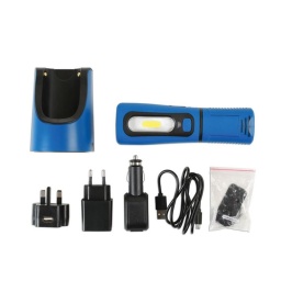 Lampe de travail COB - 3 W
Corps rotatif 360° et base flexible avec aimant. Fixation murale
Crochet pivotant en nylon avec ampoule UV 1 W pour la détection des fuites.
Luminosité :  260 lm (3 W COB)
Temps de fonctionnement 2,5 h pour COB, 6 h pour UV 1 W, temps de recharge 4 h
Alimentée par batterie Li-ion rechargeable. Livrée avec câble USB et point d'accès.  Plus adaptateurs 2 et 3 broches Homologué CE, conforme à ROHS