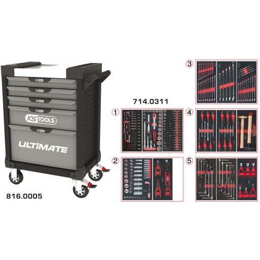Servante ULTIMATE grise et noire 5 tiroirs équipée de 311 outils