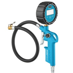 Pistolet de gonflage numerique tuyau 400mm raccord femelle 1/4"
Gonflage de pneus et vérification de la pression pneumatique.
Poignée avec gâchette pour remplir et bouton de dégonflage pour l'utilisation d'une seule main.
Tuyau avec embout intégré.
Poignée avec dispositif de suspension.
Plage de mesure du manomètre : 0-12 bar, graduation : 0,01 bar.
Tolérance de mesure : ±1 %.
Éclairage bleu de l'écran.
Tuyau flexible : 400mm.
Manomètre : Ø63mm.
Dimensions : 262x105x40mm.
Écran pouvant afficher en bar / PSI / kg/cm2.
Pression max. : 12 bar.
Alimentation électrique : 2 batteries au lithium 1,5 V de type AAA.
Poids net : 0.39kg.
POIDS ARTICLE
0,421KG