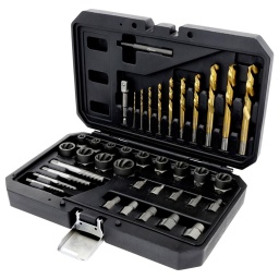 Queue de cochon 5x M1 - M2 - M3 - M4 - M5
1x 1/4&ldquo; x 3/8&ldquo;
1x chasse
10x forets 2 - 3 - 4 - 5 - 6 - 7 - 8 - 10 - 11 - 12 mm
10x spirale m&acirc;le 2 - 3 - 4 - 5 - 6 - 7  8 - 10 - 11 - 12 mm
13x arrache spirale 6-7-8-9-10-11-12-13-14-15-16-17-19mm