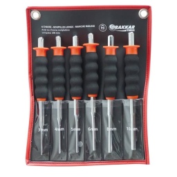 6 chasse-goupille en pochette 
Acier au chrome molybène
Longeur 200mm
diamètre: 3, 4, 5, 6, 8 ,10mm
Manche mousse