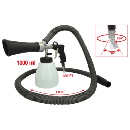 Pour le nettoyage professionnel des tissus, garnitures, canaux d'a&eacute;ration, tapis...
Fonctionnement pneumatique avec une utilisation simple
Technologie de nettoyage unique &agrave; rotation cyclonique
Gain de temps gr&acirc;ce au tourbillon g&eacute;n&eacute;r&eacute;
Pour nettoyer toutes sortes de surfaces s&egrave;ches ou humides
Adapt&eacute; pour les endroits difficiles d'acc&egrave;s comme les coutures ou entre les si&egrave;ges
Les salet&eacute;s se dissolvent facilement gr&acirc;ce &agrave; la pulv&eacute;risation tr&egrave;s fine des produits
augmente la puissance d&rsquo;aspiration et &eacute;vite la n&eacute;cessit&eacute; d&rsquo;une aspiration ult&eacute;rieure
ne propulse pas la poussi&egrave;re et la salet&eacute; dans l&rsquo;air
aucun masque de protection n&eacute;cessaire
manipulation simple et polyvalente
Avec r&eacute;gulareur de pression
Raccord pneumatique coud&eacute; &agrave; 30&deg; et pivotant &agrave; 360&deg;
