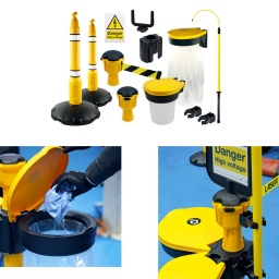 La gamme Skipper de produits de gestion des déchets et de la sécurité offre une solution flexible et efficace, avec de nombreuses options de fixation et de présentation. 
Conçus pour être entièrement modulaires et compatibles avec la gamme existante de produits Skipper et Skipper XS, les collecteurs de recyclage, distributeurs et supports pour désinfectant peuvent être utilisés dans un grand nombre d'applications différentes, qu'il s'agisse d'une station autonome ou d'une fixation directe sur les murs, vitres et poteaux. 
Ce kit comprend : le collecteur Skipper, un support de sac poubelle robuste et durable pour une gestion polyvalente des déchets et du recyclage. 
Un distributeur d'équipements de sécurité, pour le rangement d'équipements EPI tels que les gants, les bouchons d'oreille, etc. 
Unité principale Skipper équipée d'un ruban jaune et noir rétractable de 9 mètres, avec une conception unique qui empêche l'affaissement ou la torsion de la bande, même en cas d'extension sur de grandes distances. 
Deux poteaux et bases de soutien robustes. Un collier de poteau, une unité principale factice, un porte-affiche A4 et un panneau d'avertissement haute tension. 
Avec une perche de sauvetage isolante Laser, un clip de fixation pour maintenir la perche en place et un support Skipper.

Station modulaire de gestion des déchets et de secours VE à deux poteaux avec barrière de sécurité, pouvant être connectée à n'importe quel autre composant de la gamme Skipper.
Contenu : 1 collecteur de recyclage, un support de sac poubelle robuste et durable pour une gestion polyvalente des déchets et du recyclage (fourni avec un pack de base de sacs poubelle jetables). Référence 62259. 1 distributeur d'équipements de sécurité, pour le rangement d'équipements EPI tels que les bouchons d'oreille, lunettes de protection, couvre-chaussures et autres, référence 62260.
1 unité principale, ruban rétractable (jaune et noir) - 9 mètres x 48 mm, référence 62253. 1 unité principale factice, sans ruban, référence 62254. 2 poteaux de soutien robustes, 1 mètre de haut, référence 62255. 2 bases de poteau robustes, 500 mm de diamètre, pouvant être remplies d'eau ou de sable pour plus de stabilité, référence 62256.
1 collier de poteau, insérable sur le poteau pour une utilisation avec le distributeur d'équipements de sécurité et le collecteur de recyclage, référence 62257. 1 porte-affiche A4, à utiliser avec toute affiche semi-rigide en plastique/vinyle, référence 62261.
1 perche de sauvetage entièrement isolée, pour tension de travail en toute sécurité de 45 kV, référence 8740. 1 clip de montage pour perche de sauvetage, référence 62279. 1 panneau d'avertissement haute tension, référence 6642.