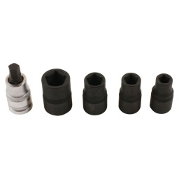 Jeu de douilles pentagonales et embouts, à carré de 1/2". Douilles pentagonales (5 pans) : 10 mm, 12,5 mm, 14 mm, 19 mm ; longueur : 38 mm. Embout de douille pentagonale : 10 mm x 55 mm. Parmi les applications : systèmes de freinage Bendix et Girling sur Citroën, Peugeot, Renault, Vauxhall, Opel et Smart. Douille en chrome-vanadium. Présentation sur rail, pour rangement facile. 