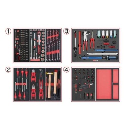 Composition d'outils pour servante 
Douilles et accessoires:
1/4 4 à 14mm
1/2 10 à32mm
Clés mixtes 6 à 22mm 
Pinces
Tournevis: 4 à 8mm
PH1 à PH3
Outils de frappe
Outil pour le démontage des roues 
Clé à choc mini monster 
Douilles à choc 1/2 de 12 à 32mm
ref: 714.0239