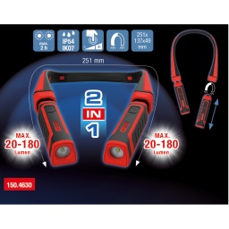 Id&eacute;ale pour les travaux sans prise de courant
Recharge sans fil gr&acirc;ce &agrave; la technologie eQi
&Agrave; intensit&eacute; variable
Intensit&eacute; variable en continu
Syst&egrave;me 2 en 1&nbsp;: utilisable comme lampe de cou ou comme lampe de travail individuelle
LED librement positionnables
LED amovibles
LED avec aimants int&eacute;gr&eacute;s pour la recharge et la fixation
LED SMD extr&ecirc;mement puissante
Intensit&eacute; lumineuse 2&nbsp;x 180&nbsp;lumens
Lumi&egrave;re de 6000&nbsp;Kelvin pour un &eacute;clairage optimal de la zone de travail
Environ 2-15&nbsp;heures d&rsquo;&eacute;clairage par lampe
Indicateur de l&rsquo;&eacute;tat de charge
Port de charge optionnel de type USB-C
2 batteries Lithium-Ion de haute capacit&eacute;
Bo&icirc;tier en plastique de qualit&eacute; sup&eacute;rieure
Tr&egrave;s r&eacute;sistant - Indice de r&eacute;sistance aux chocs IK07
prot&eacute;g&eacute; contre les projections de liquides d&rsquo;apr&egrave;s IP65
