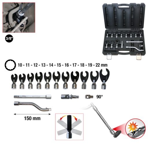 Jeu de cl&eacute;s &agrave; fourche articul&eacute;e 3/8''  12&nbsp;pans 15&nbsp;pcs 10-22&nbsp;mm