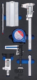 Étendue de la livraison1 x pied à coulisse numérique avec écran extra grand, 150 mm, échelle mm/pouce, vernier 1/100 mm, position 0 réglable et réglage mm/pouce, affichage + / -, pile1 x jauge d’épaisseur de précision, 20 lames, longueur 100 mm, 0,05 - 1,0 mm1 x gabarit de contours fins, longueur 125 mm1 x ruban de mesure, 19 mm x 5 m, avec blocage du ruban de mesure et clip de ceinture, conforme à CEE1 x pointes à tracer, longueur 150 mm, pointe en métal dur1 x pied de profondeur numérique pour profils de pneus, 0 - 28 mm, plage de mesure jusqu’à 28 mm, affichage commutable métrique/pouces, pile1 x pied à coulisse pour disques de freins en aluminium pour mesurer l’épaisseur des disques de frein, la profondeur des profils de pneus, etc., profondeur de mesure max. 60 mm, 182 x 115 x 13 mm