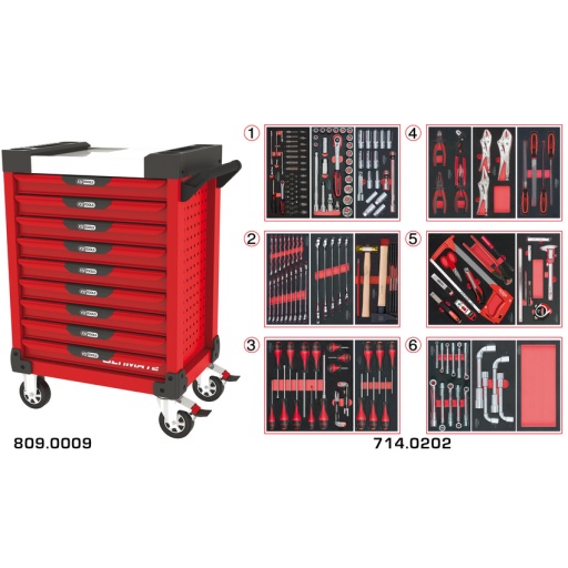 Servante ULTIMATE rouge 9 tiroirs équipée de 202 outils