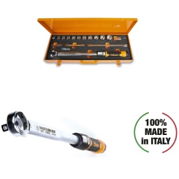 Clé dynamométrique à cliquet Zero-Reset avec douilles et rallonges dans un étui
Grâce à sa nouvelle conception, il n'est plus nécessaire de remettre à zéro la clé après son utilisation.


COFFRET COMPLET : 1 clé dynamométrique 666/20, avec carré d'entrainement mâle 1/2'' et de plage de serrage 40 à 200 Nm, est complétée d'un assortiment complet de douilles 920A, des rallonges 920/20, 920/21 et 920/22 et d'un adaptateur 920/15.
TECHNOLOGIE ZÉRO-RESET : Grâce à des matériaux ultra-performants et à des traitements thermiques précis sur le ressort et sur les composants du système de réglage, il n'est plus nécessaire de remettre à zéro la clé en fin d'utilisation.
RÉGLAGE FACILE : L'échelle graduée du vernier permet de régler avec précisions le couple de serrage pouvant aller jusqu'au dixième de Nm.
PLUS GRANDE VISIBILITÉ : La double échelle graduée en Nm permet une visibilité plus claire et plus facile du couple.
CLIQUET RÉVERSIBLE : Mécanisme à 72 dents permet une utilisation précise et rapide de la clé, garantissant un angle de reprise de 5° de serrage. Pour une serrage à droite avec une précision de serrage du couple : ± 3 %.
MANCHE BI-MATIÈRE : Poignée ergonomique permettant une prise en main sûre et confortable. Fabriquée à partir de matériaux résistants : aux carburants, à l'huile et aux produits industriels.
SYSTÈME DE VERROUILLAGE DU COUPLE : Bouton de verrouillage/déverrouillage avec une bague rouge haute visibilité signalant la position déverrouillée.
Le couple se règle grâce à la rotation de la poignée.
MÉCANISME À CLIC : Le clic mécanique est audible et palpable.
100 % FABRIQUÉ EN ITALIE : Entièrement conçues et fabriquées en Italie, assemblées, testées et certifiées dans le Dynalab de Beta, à notre siège social de Sovico, se traduisant par des clés dynamométriques de qualité Premium.
