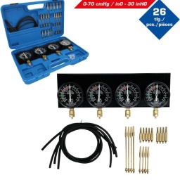 Coffret de test d'injecteurs avec 4 manomètres | 26 pièces
Jeu de 26 pcs
Pour une mesure synchrone sur 2 à 4 carburateurs avec raccord de dépression sur le carburateur
Après le réglage et le contrôle des jeux de soupapes, il faut synchroniser les carburateurs
Résultats de mesure parfaits sur les moteurs impeccables sur le plan mécanique
Utilisation universelle
À utiliser lorsque le moteur est en marche
Convient pour les voitures et les deux roues

Le testeur synchrone sur le carburateur avec 4 comparateurs synchrones BRILLIANT TOOLS BT581200 permet la mesure de la dépression dans le système d’aspiration une fois les comparateurs branchés sur le carburateur. Les comparateurs de dépression faciles à monter permettent une comparaison correcte via les vis de réglage du carburateur. Une bonne synchronisation du papillon d’obturation garantit un fonctionnement silencieux du moteur, de faibles vibrations dans tous les régimes, de bonnes valeurs d’accélération, une vitesse finale élevée, une meilleure combustion et une réduction de la consommation de carburant. Le testeur synchrone sur le carburateur en version de qualité optimale est livré bien rangé dans une mallette en matière plastique.