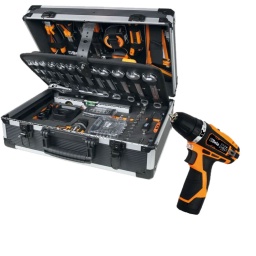 Valise 146 outils avec Perceuse-Visseuse ultra compacte Panneau Porte Outils Amovible Module Mousse Idéale pour la maintenance générale
CompositionBW 42 8-9-10-11-12-13-14-15-16-17-18-19mm clé mixteBW 96BPC/SC9 1,5-2-2,5-3-4-5-6-8-10 mm  BW 111  250mm  BW 1048  250mm  BW 1082BM 160mm  BW 1128BMX    BW 1150BM 180 mmBW 1166BM 160 mm  1201E 2,5x50 - 3x75 - 4x125 - 5,5x150 - 6,5x150 - 8x150mm  1202E PH1x80 - PH2x100 mm  1209E/PZ PZ1x80 - PZ2x100mm  BW 1253  3,5x100mm  BW 1256/C21-1    BW 1370 300  300g  BW 1692/5  5m  BW 1725CR  150mm  1771  18 mm  BW 1696  300 mm  BW 861/C61  BW 895/1    BW 900 douille 1/4  4,5-5-5,5-6-7-8-9-10-11-12-13-14mm  BW 900/20  50 mm  BW 900/20L  100 mm  BW 900/25    BW 900/30    BW 900/42  110mm  BW 900/55    1972/12V-10    1994BL 12V-2AH    1994CB 12VCaractéristiques perceuse:-Double vitesse mécanique avec engrenages en acier et embrayage à 20 positions-Couple jusqu'à 30 Nm et 1300 tours/min (400 tours/min en 1ère vitesse) ; perce des diamètres jusqu'à 10 mm dans l'acier et 20 mm dans le bois-Batteries de 2Ah et indicateur de charge sur le corps de la machine-Poignée ergonomique antidérapante-LED frontale-Mandrin autoserrant de 10 mm-Clip pour ceinture droite/gauche-Sélecteur vissage-dévissage-blocage (pour le transport)