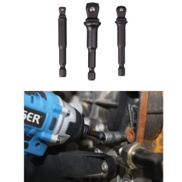 Un jeu de 3 rallonges avec débattement pour entraîner des douilles à carré de 1/4", 3/8" et 1/2" avec capacité de mandrin rapide. La fonction de débattement intégrée offre un angle de pivotement de jusqu'à 30°, ce qui permet d'atteindre plus facilement les fixations difficiles d'accès.

Rallonges permettant de convertir une perceuse électrique pour entraîner des douilles à carré de 1/4", 3/8" et 1/2". Idéal pour les perceuses et visseuses sans fil.
Fonction double : fixe ou avec débattement, offrant un angle de pivotement de jusqu'à 30°, ce qui permet d'atteindre plus facilement les fixations difficiles d'accès.
Fonctionnalité de mandrin rapide pour une utilisation facile et rapide.
Longueur de rallonge pour carré de 1/4" et 3/8" : 65 mm ; longueur de rallonge pour carré de 1/2" : 72 mm.
En chrome-vanadium pour la résistance avec fini au phosphate noir. Jeu de 3 rallonges fixes uniquement disponible, voir la référence Laser 2981
