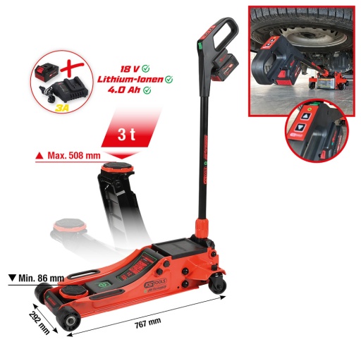 Cric hydraulique à batterie e-Performance 3 t hauteur max 508 mm