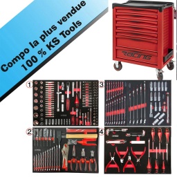 Composition 4 tiroirs pour servante ks tools Ultimate la servante d'atelier kstools. série racing . respecte les normes de robustesse et de solidité déja reconnues sur les autres lignes de servantes d'atelier de la marque ks tools. les tiroirs de la servante d'atelier Racing. possedent un système de roulements à billes (résistance 35kg). un système de fermeture par serrure et s'ouvre totalement pour plus de facilité dans vos rangements. les tiroirs de cette servante ont une grande capacité. 40cm de profondeur par 57cm de largeur. tout les tiroirs de cette servante d'atelier sont fournis avec un tapis mousse. a installer au fond. sur son plan de travail on trouve un tapis en mousse imputrescible. sa poignée de côté et ses 4 roues robustes dont 2 directionnelles avec frein. la servante d'atelier racing édition reste une reference en thermo d'ergonomie. fini le desordre dans le garage. rangez vos outils. ou bien d'autre chose de maniere ordonnee - 2 roues fixes - 2 roues pivotantes avec système de freinage total - plan de travail anti-derapant - tiroirs sur glissieres à billes (35 kg par tiroir) - tiroirs à ouverture totale - fermeture totale et simultanee des tiroirs par serrure - tapis mousse dans chaque tiroir - poignée tubulaire de manutention peinture mat antirayure - dimensions: l680xl455xh1010 avec roues - dimensions utiles des tiroirs : 6 x h 55 x l 565 x p 405 mm 1 x h 205 x l 565 x p 405 mm - charge maxi: 500kg - poids 59kg Composition outillage pour servante d'atelier ks tools, 4 modules ultra complet avec outillage ks tools garantie à vie (voir nos cgv) et clé cliquet brilliant tools (grantie 10 ans). Vous retrouverez dans cette composition ks tools tout le necessaire pour la mécanique , automobile, moto mais aussi entretien technique. 922.1439 Poignée emmanchée ULTIMATE® 1/4'' 920.1400 Cliquet réversible 1/4’’ ULTIMATE 920.1200 Cliquet 72 dents extra plat ULTIMATE® 1/2 922.1202 Rallonge ULTIMATE® 1/2'', L.125 mm 922.1203 Rallonge ULTIMATE® 1/2'', L.250 mm 922.1450 Cardan universel ULTIMATE® 1/4'' 922.1451 Poignée coulissante T ULTIMATE® 1/4'', L.110 mm 922.1452 Rallonge ULTIMATE® 1/4 L.50 mm 1 922.1455 Rallonge ULTIMATE® 1/4 L.100 mm 1 922.14 Douille 6 pans ULTIMATE® 1/4 4-4,5-5 -5,5-6-7-8-9-10-11-12-13-14mm 922.1419 Rallonge articulée ULTIMATE 1/4, L.150mm 922.14 Douille longue 6 pans ULTIMATE 1/4,6-7-8-9-10-11-12-13-14mm 922.1198 Tournevis porte-embouts magnétique ULTIMATE 1/4'' , L. 100 mm 922.14 Douille tournevis ULTIMATE® TORX® 1/4'', L.37 mm - T10-15-20-25-27-30-40 922.147 Douille tournevis ULTIMATE® POZIDRIV® 1/4'', L.37 mm - PZ2-PZ1 922.1490 Douille tournevis ULTIMATE® Fente 1/4'', L.37 mm - 7-5.5-4mm 922.146 Douille tournevis 6 pans ULTIMATE® 1/4, L.37 mm - 3-4-5-6-7-8mm 922.1468 Douille tournevis ULTIMATE® PHILLIPS® 1/4'', L.37 mm - PH1-PH2 922.1440 Rallonge flexible ULTIMATE® 1/4, L.150mm 922.1250 Cardan universel ULTIMATE® 1/2 922.1261 Augmentateur pour poignée coulissante ULTIMATE® 1/2M - 3/8F 922.120 Douille bougie ULTIMATE® 1/2'', 16-21mm 922.12 Douille 6 pans ULTIMATE® 1/2'', 10-11-12-13-14-15-16-17-18-19-21-22-24-27-30-32mm 922.1 Douille longue 6 pans ULTIMATE® 1/2'', 10-11-12-13-15-17-19-22-24-27mm 2 x rallonges 1/2 à verouillage 75-250mm 975.100 Embout de vissage 6 pans, L.75 mm - Entraînement 10 mm - 5-6-7-8-10 mm 1 975.21 Embout de vissage TORX® percé, L.75 mm - Entraînement 10 mm - TB20-25-27-30-40-50-55-60 975.300 Embout de vissage XZN®, L.75 mm - Entraînement 10 mm - M6-8-10-12 911.1452 Adaptateur pour visseuse, 1/4'' 922.1297 Porte-embouts de vissage ULTIMATE® 1/2, 10 mm 922.1421 Douille porte-embouts ULTIMATE® 1/4 514.1102 Porte-embout magnétique 1/4, L.50 mm 514.1106 Adaptateur porte-douilles 1/4- 1/4 911.1452 Adaptateur pour visseuse 911.2255 Embout de vissage KS 6 pans 3.0-4-5-5.5-3-7 - entraînement 6.35 mm 911.2397 1/4'' Embout de vissage POZIDRIV, 25 mm, PZ0-1-2-3 911.3001 Embout de vissage 4 pans, L.25 mm - 1/4'' - #0-1-2-3 911.2201 Embout de vissage KS PH N°0-1-2-3, longueur25 mm 911.2910 Embout de vissage KS SPANNER 4-6-8-10mm 911.3566 KSD - 1/4'' Bit Innensechskant, 25mm, 1/16''-5/64''-3/32''-7/64''-1/8''-9/64''-5/32''-3/16''-7/32''-1/4'' 911.2961 Embout de vissage KS 6 pans percé 5/64-3/32-7/64-1/8-9/64-5/32- entraînement 6.35mm 911.2934 Embout de vissage KS 6 pans percé 2.0-2.5-3-4-5-6 entraînement 6.35 mm, longueur25 mm 911.2901 Embout de vissage KS TORQ SET 6-8-10mm - entraînement 6.35 mm, l25mm 911.2922 Embout de vissage KS TRI WING 1-2-3-4, entraînement 6.35 mm, L. 25 mm 911.3303 Embout de vissage 1/4'' Fente, 25 mm, 3-4-4.5-5-5.5-6-6.5-7-8 mm 911.2306 Embout de vissage KS TORX 8-10-15-20-25-27-30-40-45 - entraînement 6.35 mm,L.25 mm 911.2344 Embout de vissage XZN M5-M6-M8, entrainement 6.35 mm, L25 mm 911.2276 Embout de vissage KS TORX percé 8-10-15-20-25-27-30-40 entraînement 6.35 mm, l25 mm 911.2985 Embout de sécurité papillon # 1, L.25 mm 1 911.2988 KSD - 1/4'' Doppelkeil-Bit # 2, 25mm, S2 1 911.2991 KSD - 1/4'' Doppelkeil-Bit # 3, 25mm, S2 1 922.60 Tournevis ULTIMATE® Fente, 3,5-5.5-8mm 922.60 Tournevis ULTIMATE® PHILLIPS®, PH1 PH2 PH3 907.2135 Cutter à système de blocage, 18 mm 907.2166 Lames de rechange pour 907.2141 - paquet de 10 pcs 151.2100 Jeu de 8 clés mâles 6 pans à tête sphérique longues, 2 à 10 mm 151.2200 Jeu de 8 clés mâles TORX® percé longue, T10 à T50 500.10 Pince à circlips extérieur droite,19-60 mm,160mm droite, 160mm extérieur coudée 90°,19-60 mm, intérieur coudée 90°,19-60 mm,160mm 115.1012 Pince coupante de côté à poignées bi-composants, L. 160 mm 115.1021 Pince universelle à poignées bi-composants, L.180 mm 115.1024 Pince à bec demi-ronds KS, à poignées bi-composants L.200 mm 115.1197 Pince étau GRIPfix Xtreme 9 0-50mm 115.2001 Pince multiprises gainée, 250mm, 0-36mm 156.0589 Burin de carrossier extra plat, 26 mm, Longueur 250 mm 142.1080 Marteau rivoir manche Hickory, 800g 922.00 Clé mixte, 8,9,10,11,12,13,14,15,16,17,18,19,21,22,24,27,32 mm Clé mixte cliquet droite 72 dents Brillant tools 8-9-10-11-12-13-14-15-16-17-18-19mm (garanties 10ans) 156.020 Chasse-goupille bruni octogonal, 3,4,5,6,8,10 mm Longueur 150mm 156.0175 Pointeau 1