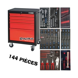 Servante 5 tiroirs + compo 144 pièces en modules mousses
description servante ks tools :
- 2 roues fixes 
- 2 roues pivotantes avec système de freinage total
- plan de travail anti-derapant
- tiroirs sur glissieres à billes (35 kg par tiroir)
- tiroirs à ouverture totale
- fermeture totale et simultanee des tiroirs par serrure 
- poignée tubulaire de manutention
- tapis mousse dans chaque tiroir
- les grands tiroirs vous permettent de ranger du materiels encombrants
- finition "dakar édition" peinture mat antirayure
- dimensions: l680xl455xh1010 avec roues
- dimensions tiroirs: 
3x h55xl565xp400mm 1x h130xl565xp400mm 1x h280xl565xp400mm - charge maxi: 500kg
- poids 59kg
composition 144 pièces :
module douilles 1/2 :
- 1 cliquet 72 dents avec système push longeur 250mm - 2 rallonges 125-250mm - 1 cardan
- 1 adaptateur 3/8-1/2
- 17 douilles courtes 10-11-12-13-14-15-16-17-18-19-20-21-22-24-27-30-32mm - 2 douilles à bougies 16-21mm module douilles 1/4 :
- 1 tournevis cliquet 72 dents
- 1 cliquet 1/4 métal ten 125mm - 1 mini clé cliquet 1/4 x 1/4
- 1 adaptateur 1/4x4mm - 1 porte embout 4mm magnétique
- 1 poignée coulissante 1/4
- 1 rallonge entraînement 6pans 50mm - 3 clés cliquets réversibles 8-10-13mm - 1 rallonge 1/4" 150mm - 13 douilles : 4-4.5-5-5.5-6-7-8-9-10-11-12-13-14mm - 29 embouts de vissages 6.35mm 
3 fentes 4-5.5-7mm 3 phillips ph1-ph2-ph3
3 pozidriv pz1-pz2-pz3
7 torx t10-t15-t20-t25-t27-t30-t40
7 torx percé t10-t15-t20-t25-t27-t30-t40
6 6 pans 3-4-5-6-7-8mm - 20 micro embouts de vissages 4mm 
4 fentes 0.8-1.2-1.5-1.8mm 3 phillips ph0-ph00-ph000
3 pozidriv pz0-pz00-pz000
6 torx t3-t4-t5-t6-t7-t8
4 6 pans 0.7-0.9-1.3-1.5mm module 17 clés mixtes :
6 - 7 - 8 - 9 - 10 - 11 - 12 - 13 - 14 - 15 - 16 - 17 - 18 - 19 - 20 - 21 - 22 mm module 11 tournevis plats cruciformes :
- 6 tournevis plats 3-4-5.5-6.5-8-10mm - 2 court (38mm  6mm et ph2
- 3 cruciformes ph1-ph2-ph3
module 6 tournevis torx :
t10-15-20-25-30-40
module 6 pinces :
- 1 pince coupante de côté 165mm - 1 pince universelle 180mm - 1 pince bec demi rond 200mm - 1 pince étau 10" 250mm - 1 pince multiprise gainée  10" 250mm - 1 tenaille russe 250mm module martellerie :
- marteau mécanicien 500g (manche incassable)
- 1 jeu de chasses goupilles 2-3-4-5-6-8mm - 1 cutter universel
- finition 2017. panneau perfore. poignée pearl. poignée tiroir noire et rouge
