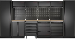 Avec le KRAFTWERK MOBILIO BLACK 6er combinaison, vous créez de l'ordre et de la structure dans votre atelier. 
Ce chariot d'atelier polyvalent vous offre une combinaison réfléchie de tiroirs, d'armoires et d'une surface de travail stable. 
Le design réfléchi des modules, des armoires hautes aux éléments de tiroirs, rend votre atelier non seulement clair, mais aussi efficace.

Une variété maximale de rangement pour chaque outil
Que ce soit pour de petits outils ou des machines plus grandes, le KRAFTWERK MOBILIO BLACK vous offre avec ses neuf tiroirs et sept armoires une solution de rangement optimale. 
Deux armoires hautes avec chacune une porte et quatre étagères créent de l'espace pour du matériel encombrant, tandis que le chariot d'atelier sous-vasque avec sept tiroirs à roulements à billes vous permet d'accéder facilement à vos outils fréquemment utilisés. 
Grâce au verrouillage central, vous avez non seulement tout en sécurité, mais aussi à portée de main à tout moment.

Flexibilité et extensibilité pour des besoins individuels
Un point fort du KRAFTWERK MOBILIO BLACK est sa flexibilité. 
La construction autonome ne nécessite aucun montage supplémentaire et peut être placée exactement là où vous en avez besoin. Avec ses dimensions L 3920 x H 2000 x P 488 mm, elle offre suffisamment d'espace. 
Chaque module peut être commandé séparément, vous permettant d'étendre et d'adapter votre atelier progressivement. 
Le mur à trous carrés avec passages de câbles intégrés assure également un rangement professionnel des outils et accessoires – tout est toujours à portée de main et bien organisé.

Plan de travail robuste et finition de haute qualité
Le plan de travail en contreplaqué de hêtre est non seulement stable, mais aussi particulièrement résistant aux sollicitations quotidiennes. 
Qu'il soit utilisé comme surface de rangement ou comme établi, il vous offre suffisamment d'espace pour tous les travaux. 
Les tiroirs et armoires du KRAFTWERK MOBILIO BLACK sont de haute qualité et conçus pour la durabilité. 
Grâce à la suspension à gaz des armoires supérieures, vous avez un accès particulièrement facile à tous les contenus, tandis que les tiroirs à roulements à billes de différentes hauteurs sont idéaux pour répondre aux besoins du quotidien.

Vos outils toujours en vue et bien triés
Grâce aux quatre murs à trous carrés, vos outils sont toujours triés de manière claire. 
Les perforations vous permettent d'utiliser une large gamme d'accessoires, vous permettant de fixer facilement crochets, supports et autres accessoires d'outils. 
Cela permet de garder votre atelier toujours rangé et vous avez tout rapidement à portée de main.

Avec le KRAFTWERK MOBILIO BLACK 6er combinaison, vous obtenez une solution flexible, extensible et professionnelle pour votre atelier