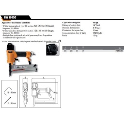 Compacte et légère
Capacité du chargeur	100 pces
Filetage d'arrivée d'air	1/4" GAS
Pression d'utilisation	4 - 7 bar
Ø intérieur du tuyau d'air	10 mm
Consommation d'air (7 bar)	1.12 l/cycle
Poids	1.5 kg