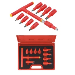 Jeu d'embouts six pans entièrement isolés, avec tournevis à poignée en T et adaptateur d'entraînement, à utiliser sur les véhicules hybrides et électriques modernes. Certifié CEI 60900 pour les travaux sous tension jusqu'à 1 000 V CA/ 1 500 V CC, avec tailles de H4 à H10, et idéal pour une utilisation par les électriciens et les électriciens automobiles. Les dimensions sont clairement marquées sur le côté pour une identification facile et le jeu est fourni dans une mallette de transport robuste pour un stockage sûr.

Contenu du jeu : 4 embouts 6 pans à carré de 3/8" ; tailles 4, 5, 6 et 7 mm. 4 embouts 6 pans à carré de 1/2" ; tailles 6, 7, 8 et 10 mm.
Également inclus : 1 tournevis à poignée en T à carré de 1/2", 1 adaptateur d'entraînement à carré de 1/2" (F) à 3/8" (M).
Utilisation en toute sécurité pour l’opérateur à des tensions allant jusqu'à 1 000 V CA/1 500 V CC (homologués CEI 60900:2018).
En chrome-vanadium. Fourni dans une mallette de transport robuste en mousse soufflée avec un plateau en mousse EVA pour un rangement sûr.
Un jeu d'embouts étoile isolés est également disponible, voir la référence 8560.