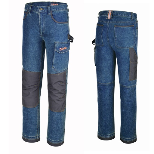 Pantalon jeans de travail, confort du denim stretch et résistance des empiècements en polyester