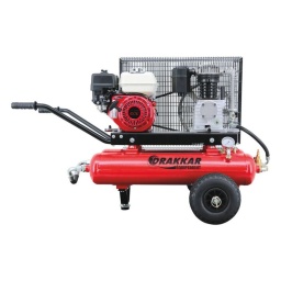Compresseur thermique essence type brouette 
Garantie 2 ans
Moteur à essence monocylindre , 4 temps OHV, refroidissement à air.
-Cylindre incliné 25°
-Arbre de prise de force horizontal, cylindre chemisé en fonte.

Bloc: entrainement par courroie, cylindres en fonte
Chassis+cuve: Peinture époxy, équipé de toutes les sécurités: manomètre en bain de glycérine, soupae de sécuité, vanne de purge, vanne de sortie d'air.
-Ralenti moteur
-Roues gonflables surdimensionnées
-Poignées amovibles 

Cuve: 2 cuve de 17L
Capacité du réservoir: 3,1L
Puissance: 5cv (3,7kw)
Démarrage: Lanceur à rappel
Rotation: 1260tr min
Volume air engendré: 25m3/h
Pression max: 9 bar
Cylindrée: 446cm3
Moteur: Honda GX 160 QX
Sortie: 1/2 pouce directe 
Dimensions: 1350 x 700 x 810 mm
Poids: 80kg