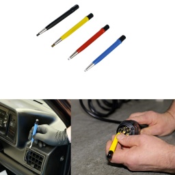 Jeu de stylos brosses abrasifs convenant à une large gamme d'utilisations, de l'automobile à l'électricité et à la joaillerie. 
Le jeu est livré avec 4 brosses, chacune avec un garnissage dans un matériau différent : acier, fibre, nylon et laiton, dont la longueur et la rigidité peuvent être réglées par rotation du capuchon d'extrémité.

Jeu de brosses abrasives à code de couleur : Noir – garnissage en acier. Rouge – garnissage en fibre. Orange – garnissage en nylon. Jaune – garnissage en laiton.
Tourner le capuchon pour changer la longueur et la fermeté du garnissage.
Longueur totale de brosse : 118 mm. Longueur de brosse réglable : jusqu'à 20 mm.
Les utilisations comprennent l'enlèvement de points de rouille et d'éclats de pierre sur les véhicules automobiles, le nettoyage de connecteurs électriques et de circuits imprimés, le polissage et le nettoyage de montres, bagues ou bijoux, le nettoyage d'articles avant soudage ou l'enlèvement de peinture, etc. de petits articles.
Idéal pour les techniciens automobiles, les électriciens, les bijoutiers, les modélistes et les bricoleurs.