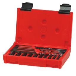 Coffret d'extracteurs et de goujons 
Permet d'extraire un goujon cassé à l'interieur ou à l'exterieur de son logement.
5 forêts (4-5-6-7,5-8,5)
5 extracteurs 
5 écrous de manœuvre 
10 guides de perçage pour vis 
Diamètre des vis intérieur de 6 à 16mm
diamètre des vis extérieures de 5 à 14mm