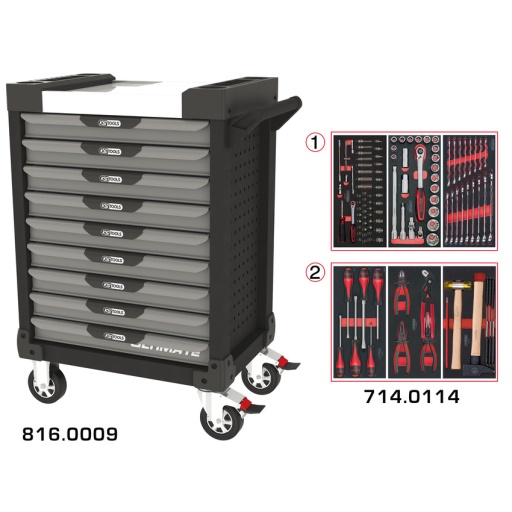 Servante ULTIMATE grise et noire 9 tiroirs équipée de 114 outils