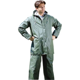 Ensemble de pluie double enduction PVC
veste coupe vent a capuche fixe. fermeture a glissière sous rabat
Pantalon avec cordon de serrage a la taille. braguette et passe main