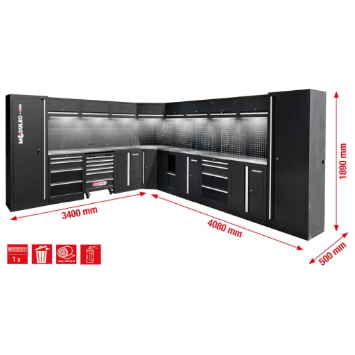 Mobilier d'atelier Moduleo forme en L 3400 x 4080&nbsp;mm variante&nbsp;1 prise et eclairage compris