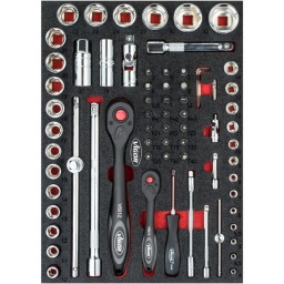 Module douilles 1/4 et 1/2,  71 pièces
Douille 1/4 4·4.5·5-5.5·6·7·8·9·10·11·12·13·14mm
6 p mâle : 3·4·5·6·7·8mm
PH :PH1·PH2·PH3
PZ : PZ1·PZ2·PZ3
Plat :0.8 x 4·1 x 5.5·1.2 x 7
Torx : T10·T15·T20·T25·T30-T40
Tournevis 1/4 150mm
Carré coulissant :1 110mm
Cardan 1/4 1 40mm
Rallonge flexible 1 145mm
Rallonge 1/4 1 50mm
Rallonge 1/4 1 100mm
Douille 1/2 : 10·11·12·13·14·15·16·17·18·19·20·21·22·23·24·27·30·32mm
Douille bougie 21·16mm
Carré coulissant 250mm
Cardan 75mm
Rallonge 125mm
Rallonge 250 mm
Cliquet 1/4 1 150mm
Cliquet 1/2 250mm
- Dimension 282x393mm