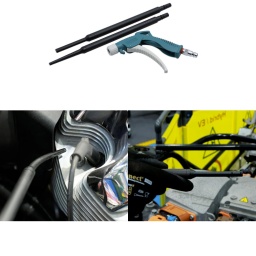 Kit 3 pièces pour soufflette à air comprimé d'atelier, composé d'une soufflette robuste et d'une gâchette avec bouton d'ouverture rapide permettant de changer les buses rapidement et facilement.

Livré avec 1 buse flexible droite, 1 buse flexible à soufflage latéral.
La buse à soufflage latéral est idéale pour souffler de l'air dans les corps, les tubes et les filtres à air à 90 degrés par rapport à la direction de la soufflette.
La buse à soufflage flexible permet de diriger l'air comprimé en mode d'accès « déporté ».
Matériau de la buse : caoutchouc PU flexible et résistant à l'huile, monté sur des rallonges en plastique rigide résistant à l'usure.
Filetage : 1/4" BSP. Pression de service : 110 psi ; pression max. : 220 psi