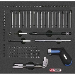 Module basic line 103 pièces

- tournevis cliquet 72 dents revolver
- module de rangement en mousse haute densite
- résistant aux hydrocarbures

composition :
- 1 tournevis cliquet
- 1 rallonge porte embout flexible 190mm - 3 porte-embouts : 50-100mm et 190mm flexible
- 1 douille porte-embouts 1/4
- 1 adaptateur 1/4 6.35mm 
- 79 embouts 1/4 25mm 
9 fentes (3 a 8mm 
5 ph
5 pz
9 6 pans(1.5 a 8mm 
12 6 pans perce
9 torx (t8 a t45)
9 torx percé (t8 a t45)
3 xzn
3 papillon 
4 tri-wing
4 spanner
4 torque
4 4 pans

- 17 embouts de vissage 75mm :
3 6 pans
3 torx 
4 tri-wing
4 spanner 
3 torque

- 5 embouts 1/4 5-32"-7/32"-1/8"-3/16"-1/4"
- jeu de 8 clés mâles 6 pans tête sphérique 5/64"-3/32"-1/8"-5/32"-23/16"-1/4"-5/16"-3/8"
