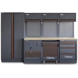 Combinaison d'ameublement d'atelier C45PRO 2.0
Combinaison comprenant les éléments suivants :
1 plan de travail en bois contreplaqué stratifié, dimensions 2040x615 mm (C45PRO 2.0 PWE/3-2.0MT)
1 module fixe avec 2 enrouleurs intégrés (C45PRO 2.0 ACT)
1 servante mobile avec 7 tiroirs (C45PRO 2.0 C7)
1 module fixe avec 4 tiroirs (C45PRO 2.0 M4)
3 meubles hauts muraux (C45PRO 2.0 PM)
3 panneaux porte-outils perforés (C45PRO 2.0 PF)
3 étriers, type large (C45PRO 2.0 SL)
1 étrier, type étroit (C45PRO 2.0 SS)
1 armoire à 2 portes (C45PRO 2.0 AS2)