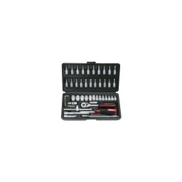 Coffret 46 pièces douilles 1/4 f6 mat spécial écrous endomm ge - cliquet equipe du système d'ejection de douille - cliquet 72 dents soit 5° de debatement - poignée bicomposant ergonomique - embouts en acier s2 ultra resistant composition : - 1 cliquet 72 dents avec système push longeur 145mm - 2 rallonges 50-100mm - 1 poignée coulissante t 115mm - 1 poignée enmanchee 1/4 - 1 cardan - 1 adaptateur 1/4 - 1 rallonge flexible 150mm - 13 douilles courtes 4-4.5-5-5.5-6-7-8-9-10-11-12-13-14mm - 21 douilles embouts de vissages 6 6pans 3-4-5-6-7-8 3 plats 4-5.5-7mm 4 cruciformes ph1-ph2-pz1-pz2 7 torx perces t10-t15-t20-t25-t27-t30-t40