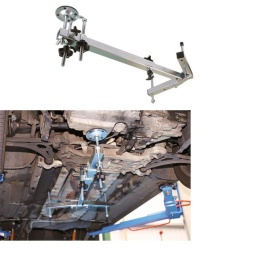 Support moteur, boite de vitesse universel Avec un véhicule sur le pont, la position et hauteur du moteur/ boite de vitesse peut être facilement ajustée par le dessous. Une fois l'outil en place, le pont peut être baissé ou relevé facilitant les taches du mécano.  L'outil est parfaitement ajustable en longueur et en transversal. Les tampons de support s'ajuste également en hauteur.  Longueur de l'outil 600 mm - 930 mm au max.       Largeur des piges transversal de support : 300 mm - 500 mm Video Disponible