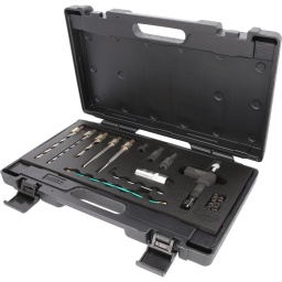 idéal pour aléser les vis de serrage d’injecteur arrachées
méthode de réparation simple à mettre en œuvre
solution rapide et peu coûteuse
permet de réparer le filetage endommagé de la vis de serrage M8 x 1,25 en perçant M10 x 1,25
avec forêt, extracteur de tirant, taraud et douille de filetage
Coffret robuste en matière plastique