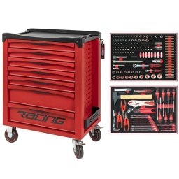 Servante ks tools Racing 7 tiroirs
Servante d'atelier avec plan de travail recouvert d'un tapis en mousse
Cette nouvelle servante d'atelier de chez ks tools. modèle racing. est une évolution de l'ancien modèle dakar édition.
En effet pour cette servante d'atelier. ks tools a utilisé ces 20 ans expérience sur l'ancien modèle. la racing est le fruit des milliers de retour d'information client. garage. carrosserie. industrie et particulier. 
Cette servante d'atelier ks tools est plus pratique gràce à ces nouveaux panneaux perforés pour accessoires. plus résistante nouveau chassis.Roue diamètre 125mm
La servante d’atelier KStools. série Racing respecte les normes de robustesse et de solidite deja reconnues sur les autres lignes de servantes d’atelier de la marque KS Tools. 
Les tiroirs de la servante d’atelier Racing possedent un systeme de roulements à billes (résistance 30kg). un système de fermeture par serrure et s’ouvre totalement pour plus de facilite dans vos rangements.
Les tiroirs de cette servante atelier ont une grande capacité. 40cm de profondeur par 57cm de largeur. tout les tiroirs de cette servante d'atelier sont fournis avec un tapis mousse a installer au fond. 
Sur son plan de travail on trouve un tapis en mousse imputrescible. sa poignée de côté et ses 4 roues robustes dont 2 directionnelles avec frein. La servante d'atelier Racing reste une reference en therme d’ergonomie. fini le désordre dans le garage. rangez vos outils. ou bien d'autre chose de manière ordonnée.
Plan de travail avec tapis en mousse
Dimensions utiles des tiroirs servante 7 tiroirs:
5 x H 55 X L 565 X P 405mm 
2X H 130 X L565 X P 405MM
Poids: 50kg
Poids maximum admissible en statique: 500kg
ref: 855.0007
- Composition 184 outils
Tiroir 1 : Douille 1/4 - douille 1/2 - douille longue 1/4 douille torx femelle - embout allen torx XZN
Tiroir 2: clés mixte. pinces. tournevis. cle allen. marteau
