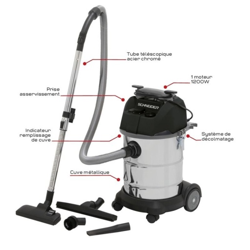 Aspirateur 30l Eau & Poussieres 1200w Cuve Metal - Prise + Syst Decolmatage