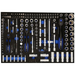 Module brillant tools 172 pièces
Composition :
13 douilles Six pans (hexagonales/creuses) : (1/4") 4 - 4,5 - 5 - 5,5 - 6 - 7 - 8 - 9 - 10 - 11 - 12 - 13 - 14 mm
5 douilles Torx femelles : (1/4") E4 - E5 - E6 - E7 - E8
7 douilles Six pans (hexagonales/creuses) longues : (1/4") 4 - 5 - 6 - 7 - 8 - 9 - 10 mm
2 rallonges : (1/4") 50 - 100 mm
8 embouts Torx : (1/4") T8 - T9 - T10 - T15 - T20 - T25 - T27 - T30
8 embouts Torx Tamper Resistant : (1/4") TH8 - TH9 - TH10 - TH15 - TH20 - TH25 - TH27 - TH30
3 embouts Philips : (1/4") PH0 - PH1 - PH2
3 embouts Pozidriv (1/4") PZ0 - PZ1 - PZ2
4 embouts Six pans (hexagonaux/creux) : (1/4") 3 - 4 - 5 - 6 mm
4 embouts plats : (1/4") 0,8x4 - 1x5,5 - 1,2x6,5 - 1,2x7
1 cardan universel : (1/4") 40 mm
1 poignée porte-embouts : (1/4") 150 mm
1 clé à cliquet : (1/4") 150 mm
1 barre en T coulissante : (1/4") 110 mm
1 douille : (1/4") 25 mm
10 douilles Six pans (hexagonales/creuses) : (3/8") 10 - 11 - 12 - 13 - 14 - 15 - 16 - 17 - 18 - 19 mm
6 douilles Torx femelles : (3/8") E10 - E11 - E12 - E14 - E16 - E18
7 douilles Six pans (hexagonales/creuses) longues : (3/8") 10 - 11 - 12 - 13 - 14 - 15 - 18 mm
1 rallonge : (3/8") 125 mm
1 adaptateur : (3/8")x(5/16") - 28 mm
 1 cardan universel : (3/8") 50 mm
1 clé à cliquet : (3/8") 198 mm
17 douilles Six pans (hexagonales/creuses) : (1/2") 10 - 11 - 12 - 13 - 14 - 15 - 16 - 17 - 18 - 19 - 20 - 21 - 22 - 24 - 27 - 30 - 32 mm
2 douilles Torx femelles : (1/2") E20 - E24
7 douilles Six pans (hexagonales/creuses) longues : (1/2") (2x)16 - 17 - 18 - 19 - 21 - 22 mm
2 rallonges : (1/2") 125 - 250 mm
1 adaptateur : (1/2")x(5/16") - 37 mm
1 cardan universel : (1/2") 75 mm
1 adaptateur : (1/2")x(3/8") - 44 mm
1 clé à cliquet : (1/2") 250 mm
3 embouts XZN (Spline/multidents) : (1/4") M5 - M6 - M8
3 embouts Torx : (1/4") T5 - T6 T7
9 embouts Torx Tamper Resistant : (1/4") TS10 - TS15 - TS20 - TS25 - TS27 - TS30 - TS40 - TS45
5 embouts Torx Plus : (1/4") T40 - T45 - T50 - T55 - T60
 5 mbouts Six pans (hexagonaux/creux) : (5/6") 7 - 8 - 10 - 12 - 14 mm
6 embouts Torx : (5/6") T40 - T45 - T50 - T55 - T60 - T70
6 embouts Torx Tamper Resistant : (5/6") TS40 - TS45 - TS50 - TS55 - TS60 - TS70
2 embouts Philips : (5/6") PH3 - PH4
2 embouts Pozidriv : (5/6") PZ3 - PZ4
3 embouts plats : (5/16") 8 - 10 - 12 mm
7 clés Allen Six pans (hexagonales/creuses) : 1 - 1,5 - 2 - 2,5 - 3 - 4 - 5 mm
Dimensions module mousse 560x390mm