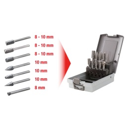 Rangement facile
Avec fermeture int&eacute;grale
Charni&egrave;res tr&egrave;s r&eacute;sistantes
Diam&egrave;tre de tige 6 mm
Tr&egrave;s grande stabilit&eacute; de coupe
Fraisage optimal gr&acirc;ce la denture crois&eacute;e
Surface polie
Acier haute r&eacute;sistance avec traitement durcissant

Pour &eacute;bavurer, couper les arr&ecirc;tes, nettoyer, traitement des soudures... 
Convient aux m&eacute;taux durs, inoxydables, r&eacute;sistants aux acides et aux hydrocarbures, fontes... 
