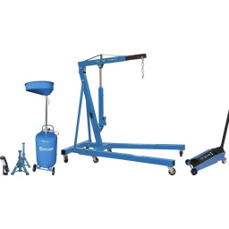 Kit complet pour entretenir les véhicules.Composition :

- Grue d'atelier pliante 1T réf.13085
Hauteur
1410 mm
Capacité
1000 kg
Longueur max du bras
775mm min. - 1055mm max
Longueur
1610 mm
Hauteur d'utilisation
1700mm min. - 1940mm max
Poids 65,2KG
A 1610mm
B 1410mm
C 775mm mini - 1055mm maxi
D 1700mm mini - 1940mm maxi
E 185mm
F 790mm
G 880mm
H 900mm
- Cric rouleur 3T double piston 120/450mm longueur 595mm réf.52548
Double piston montée rapide
Fonction descente lente
Profil bas
Roues en acier et nylon.
Capacité 3T
Dimensions 640x340x185mm
Hauteur maximum 450mm
Hauteur minimum 120mm
Poids article 29,5KG

- Jeu de 2 chandelles pliantes 2T 278/366mm réf.15219

- Baladeuse LED 280 lumens articulée rechargeable réf.02162
1 LED COB (2W - ULTRA PUISSANTE) + 5 LED
Corps en ABS léger, résistant aux chocs
Durée de vie des leds : plus de 1 000 000 heures
Peut être rechargée plus de 500 fois
Interrupteur on/off
Autonomie 4h - 30h (5 LED)
Temps de charge 4 - 5h
Puissance 2W (1 LED COB)
Batterie 3,7V 2600mAh Li-ion
Lumens 25lm à 280lm
Indice de protection IP20
Caractéristiques crochet pivotant 360°, support magnétique pivotant sur 170°
Câble USB - entrée 5V, 1A
Longueur 210mm
Poids article 0,338KG
- Vidangeur d'huile mobile par gravité 70L réf.56750
Pour huiles et liquides usagés.
Cuve 70L diamètre 380mm.
Pression d'arrivée d'air : 8 bar.
Température huile entre 40 et 60°C.
Entonnoir de récupération 10L orientable et réglable en hauteur (105 à 140cm).
Flexible de refoulement 170cm.
2 roues pivotantes + 2 roues fixes (en caoutchouc).
Hauteur maximum 1600mm
Hauteur minimum 960mm
Poids article 16,8KG