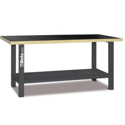 Établi de travail avec plan en bois Caractéristiques principales : - Plan de travail en bois contre-plaqué stratifié avec trous pour l'installation d'un étau (1599F/125 en option). - Structure en acier avec 4 pieds de support. - Capacité de charge statique : 800 kg. - Compartiment inférieur porte-objets. - Prévu pour la fixation au sol. - 54,5 kg 2000x930x720 mm